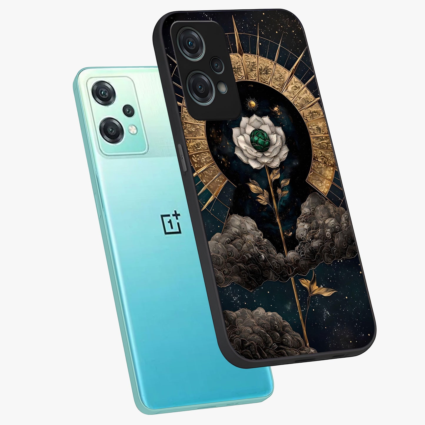 Cosmic Bloom Rose Glass Case for 1+Nord Ce 2 Lite angled mockup showcasing glossy finish and vibrant celestial floral tones