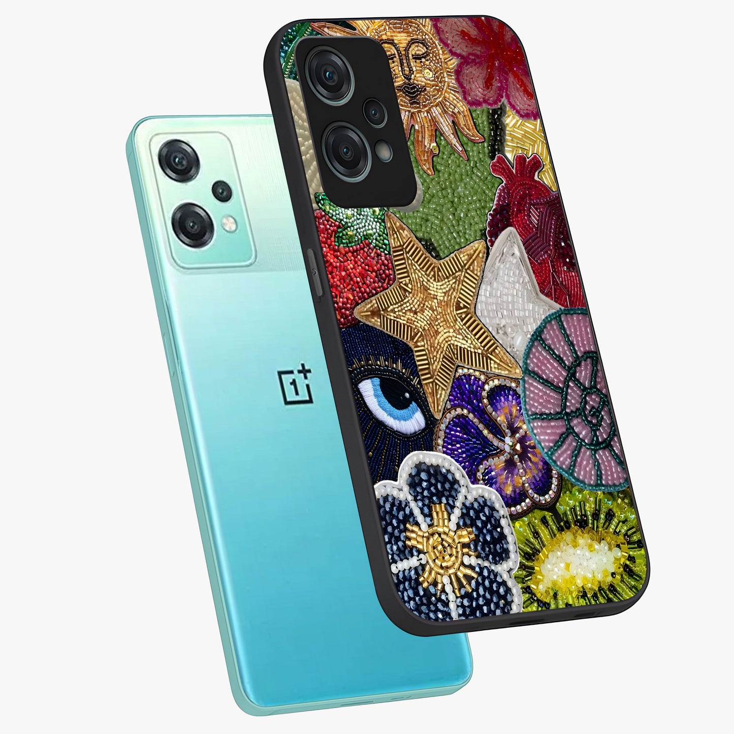 Cosmic Charm Shine Glass Case for 1+Nord Ce 2 Lite angled mockup showcasing glossy finish and sparkling cosmic tones