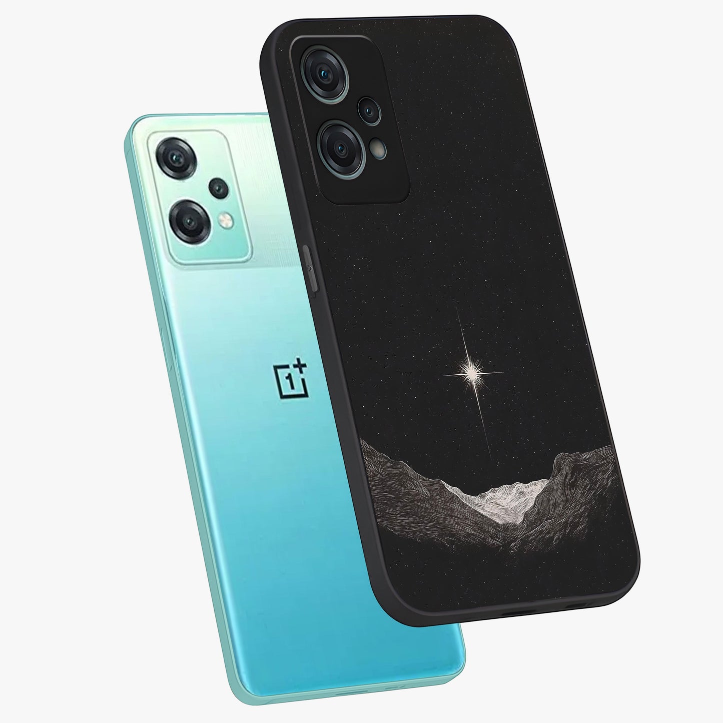 Cosmic Dream Night Glass Case for 1+Nord Ce 2 Lite angled mockup showcasing glossy finish and rich midnight gradients