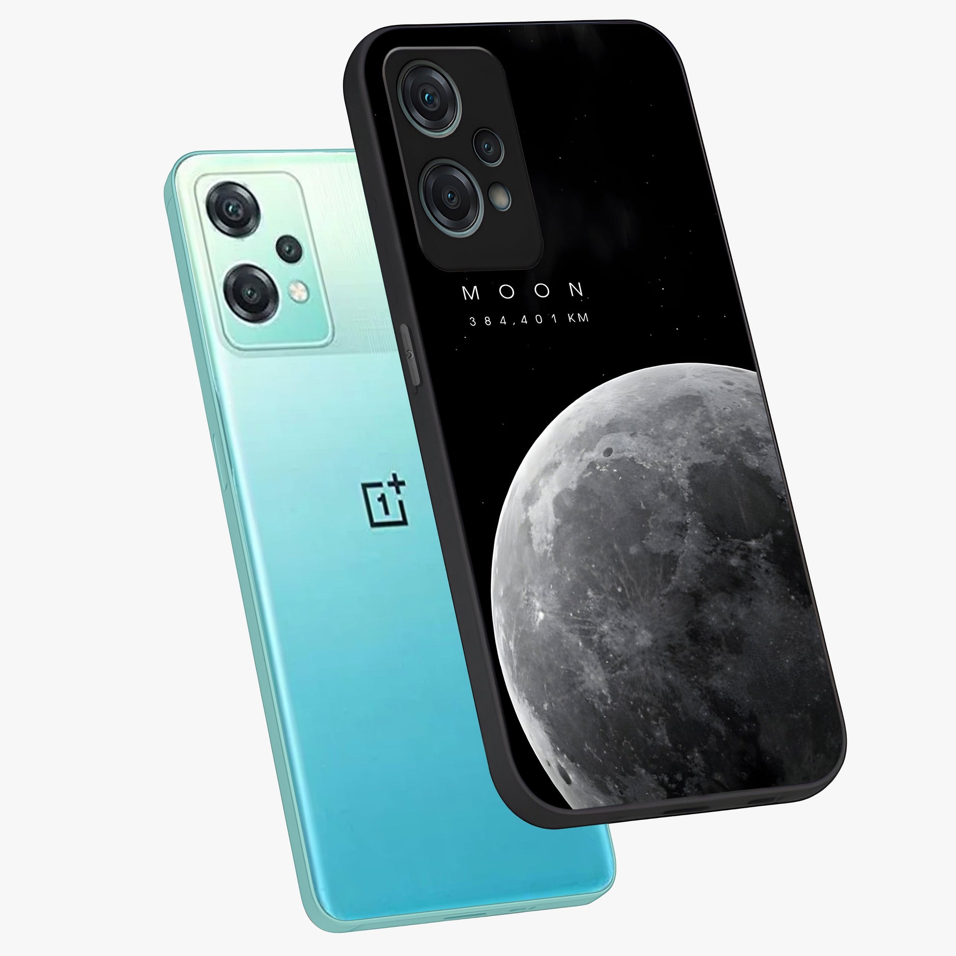 Cosmic Moon Glow Glass Case for 1+Nord Ce 2 Lite angled mockup showcasing glossy finish and luminous night design