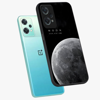 Cosmic Moon Glow Glass Case for 1+Nord Ce 2 Lite angled mockup showcasing glossy finish and luminous night design