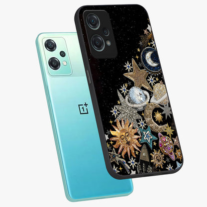 Cosmic Sparkle Dreams Glass Case for 1+Nord Ce 2 Lite angled mockup showcasing glossy finish and vibrant celestial glow