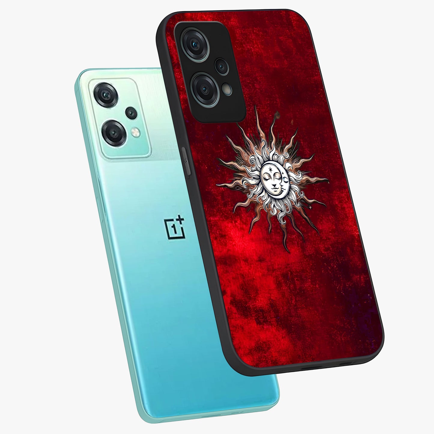 Cosmic Twin Eclipse Glass Case for 1+Nord Ce 2 Lite angled mockup showcasing glossy finish and bold celestial contrast