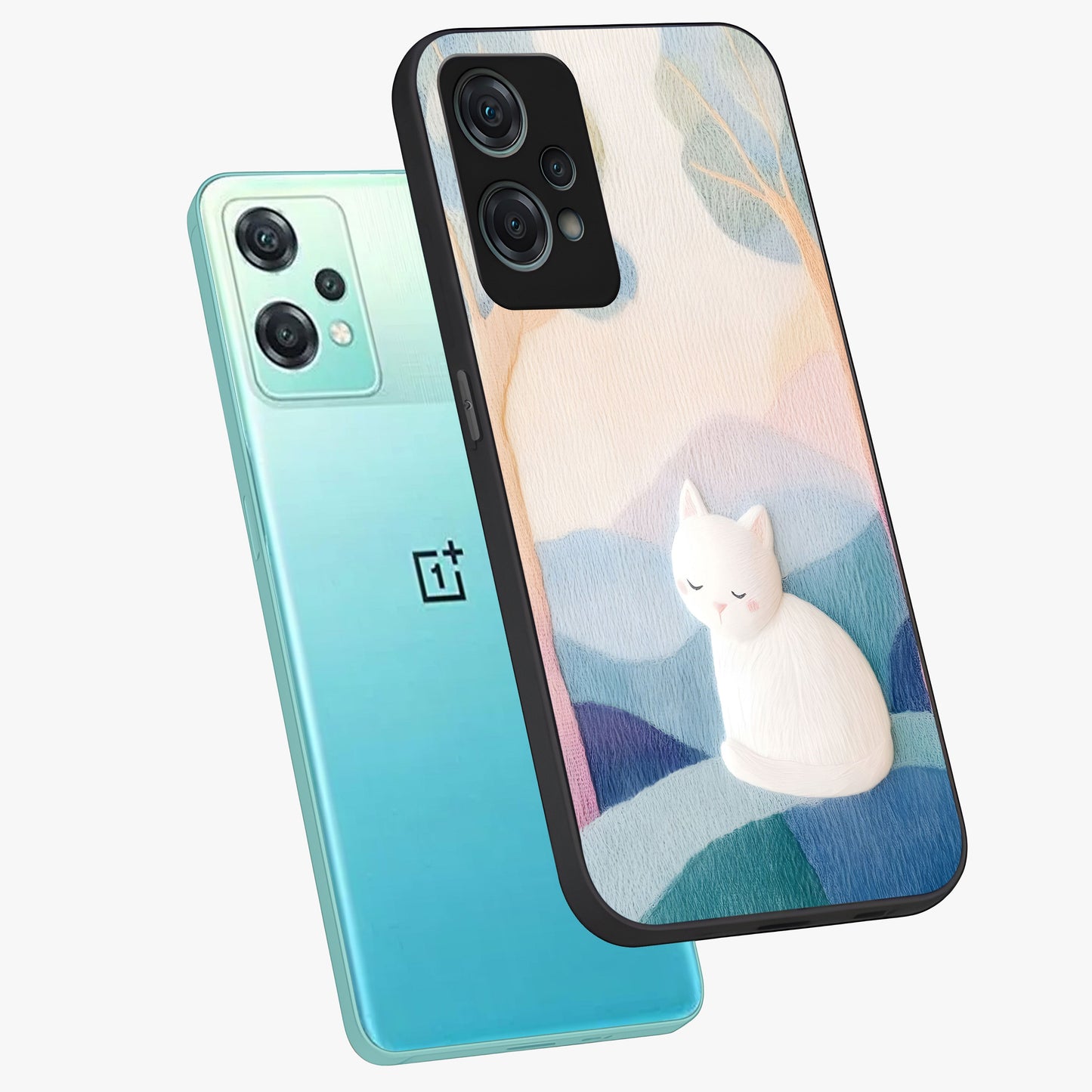 Cotton Dream Cat Glass Case for 1+Nord Ce 2 Lite angled mockup showcasing glossy glass finish and cozy aesthetic design