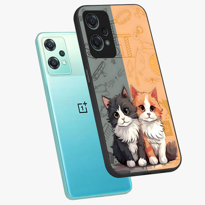 Cozy Cat Duo Glass Case for 1+Nord Ce 2 Lite angled mockup showcasing glossy finish and charming pastel tones