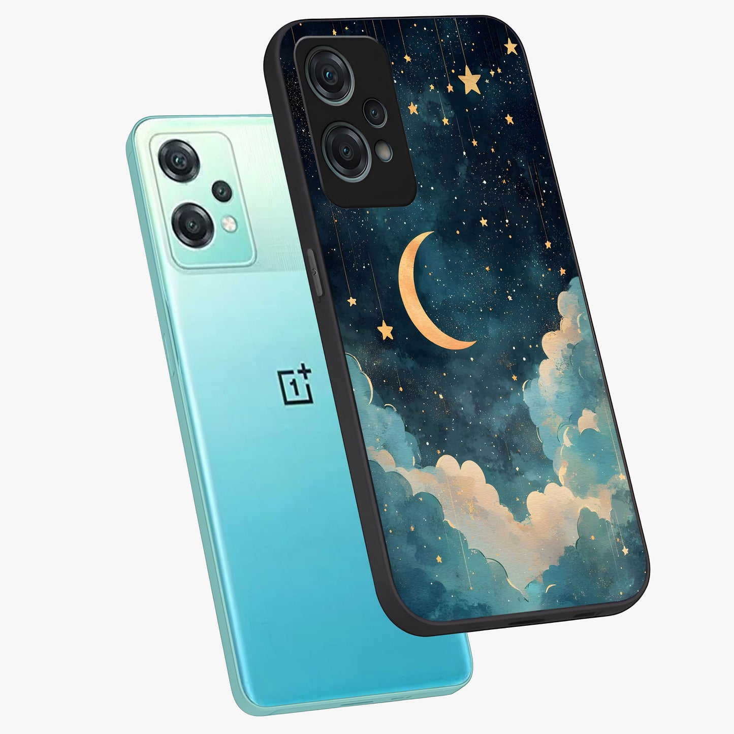 Crescent Galaxy Moon Glass Case for 1+Nord Ce 2 Lite angled mockup showcasing glossy finish and glowing galaxy tones