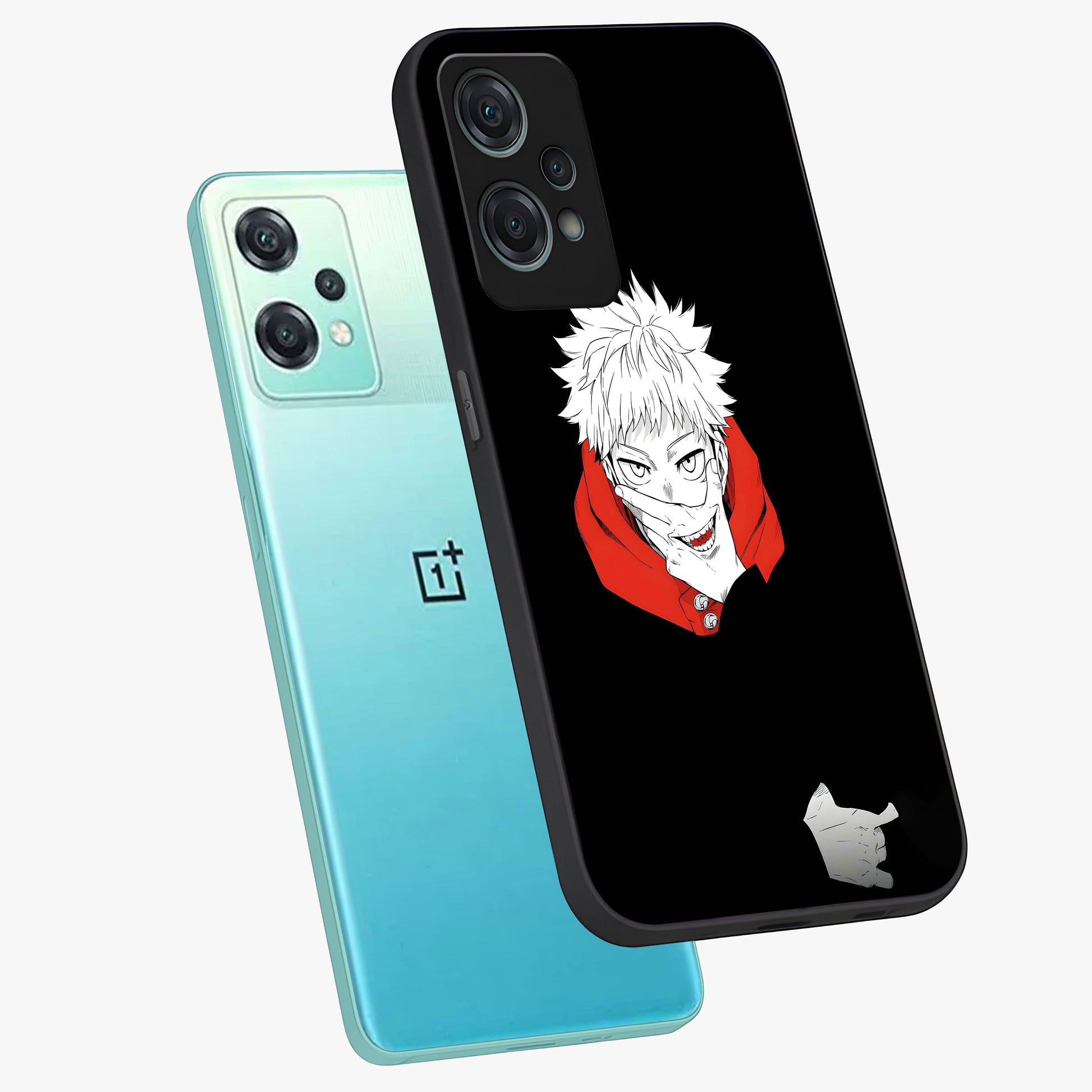 Crimson Chaos Smile Glass Case for 1+Nord Ce 2 Lite angled mockup showcasing glossy finish and dramatic red detailing