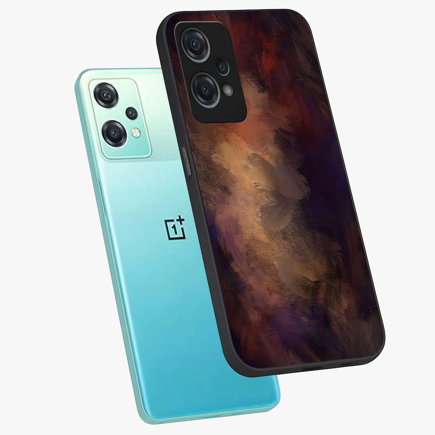Crimson Dusk Whirl Glass Case for 1+Nord Ce 2 Lite angled mockup showcasing glossy finish and bold abstract motion design