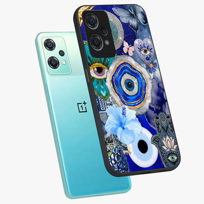 Crimson Evil Eye Charm Glass Case for 1+Nord Ce 2 Lite angled mockup showcasing glossy finish and vibrant symbolic detailing