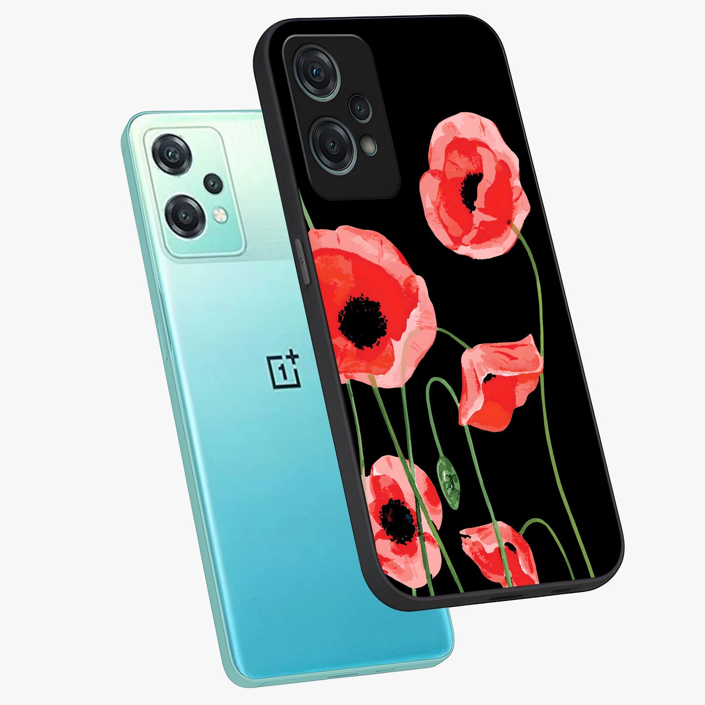 Crimson Garden Dream Glass Case for 1+Nord Ce 2 Lite angled mockup showcasing glossy finish and vibrant bloom detailing