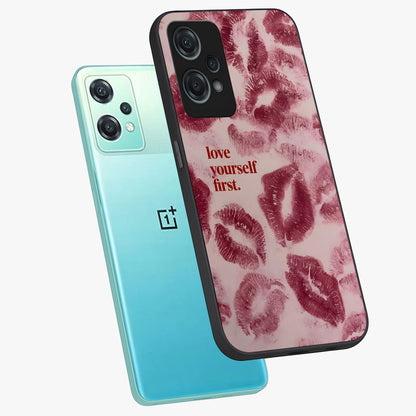 Crimson Kiss Love Glass Case for 1+Nord Ce 2 Lite angled mockup showcasing glossy glass finish and rich red tones