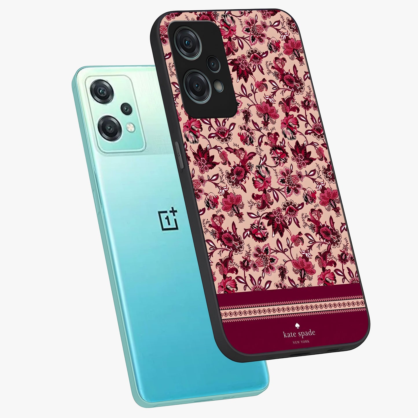 Crimson Rose Charm Glass Case for 1+Nord Ce 2 Lite angled mockup showcasing glossy finish and romantic floral detailing