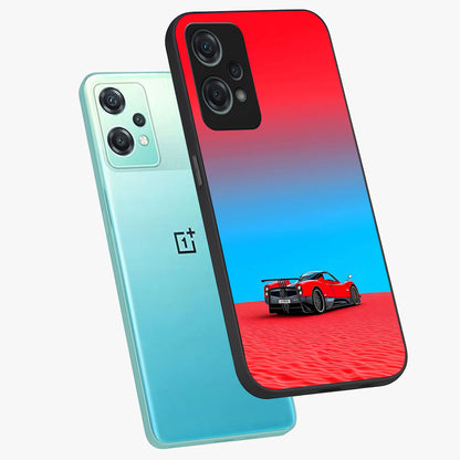 Crimson Speed Mirage Glass Case for 1+Nord Ce 2 Lite angled mockup showcasing glossy finish and dynamic speed detailing