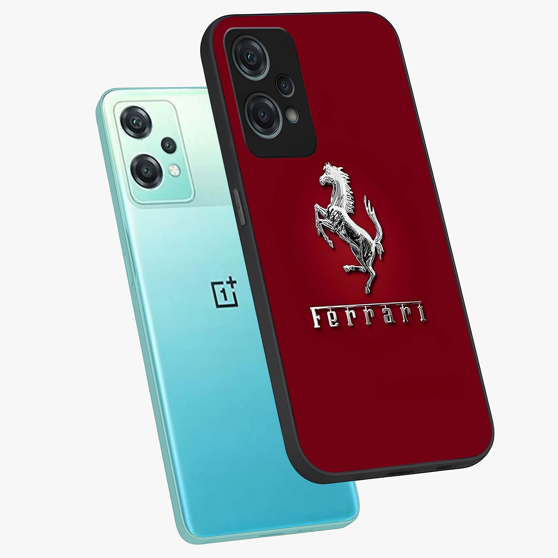 Crimson Stallion Prestige Glass Case for 1+Nord Ce 2 Lite angled mockup showcasing glossy finish and bold equestrian detailing