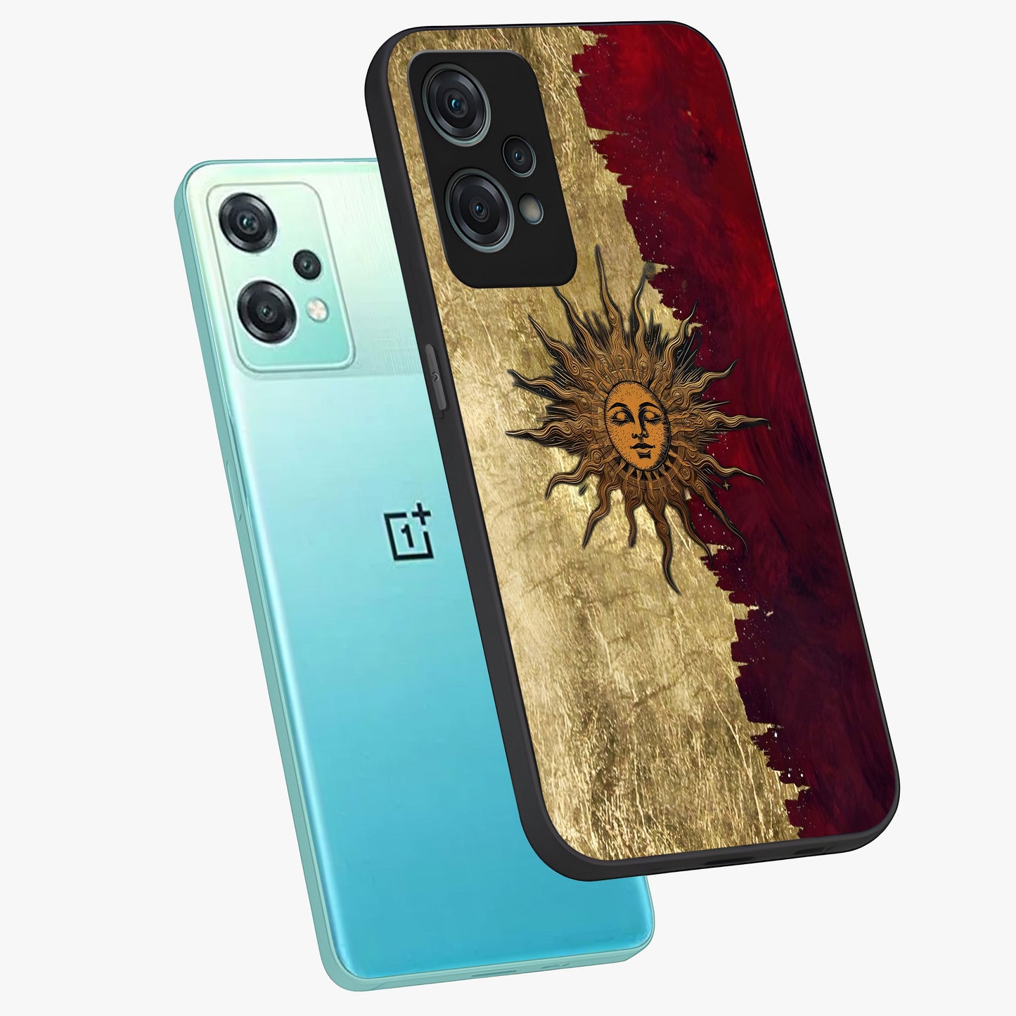 Crimson Sun Majesty Glass Case for 1+Nord Ce 2 Lite angled mockup showcasing glossy finish and majestic celestial tones