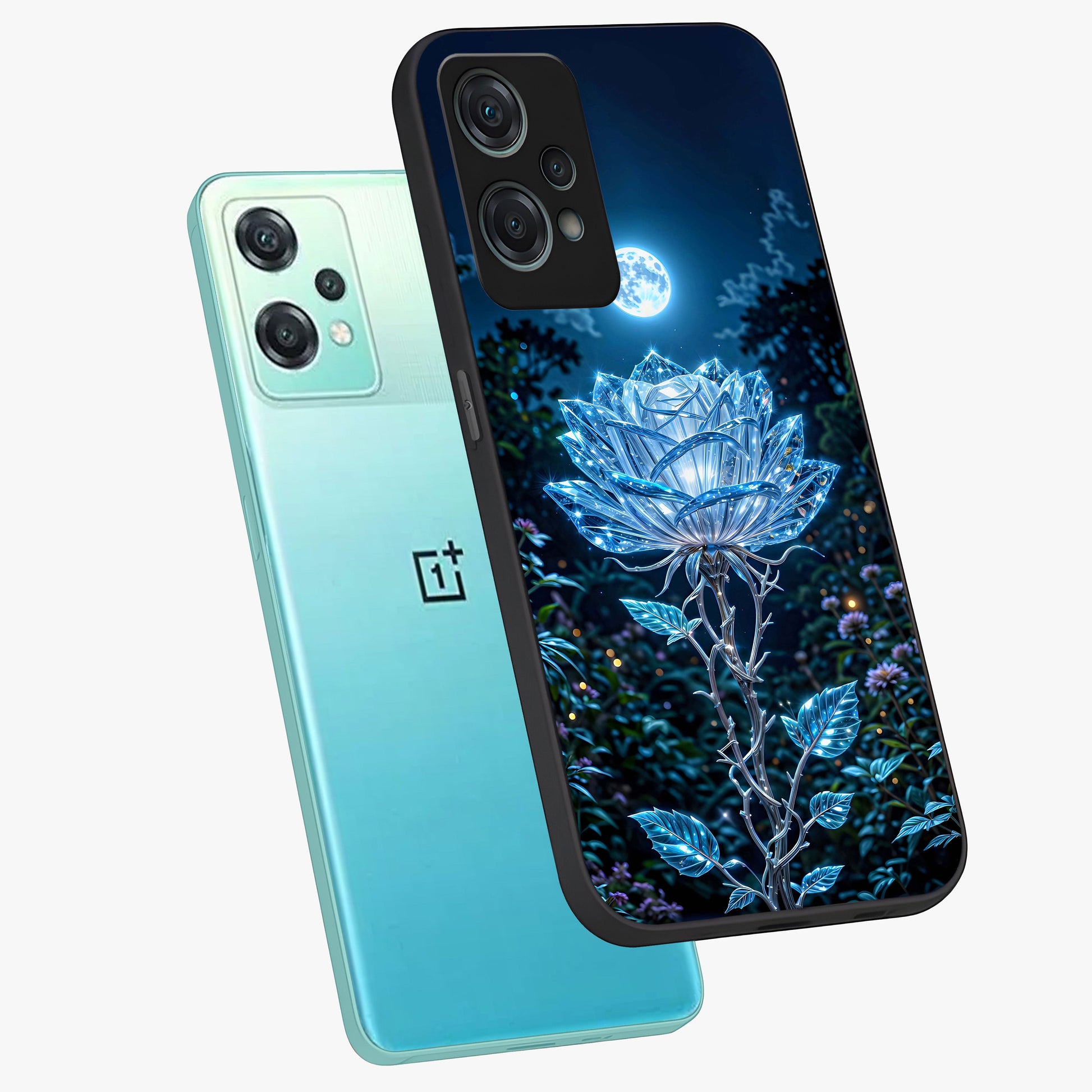 Crystal Moon Lotus Glass Case for 1+Nord Ce 2 Lite angled mockup showcasing glossy glass finish and luminous floral detailing
