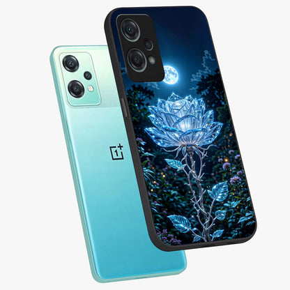 Crystal Moon Lotus Glass Case for 1+Nord Ce 2 Lite angled mockup showcasing glossy glass finish and luminous floral detailing