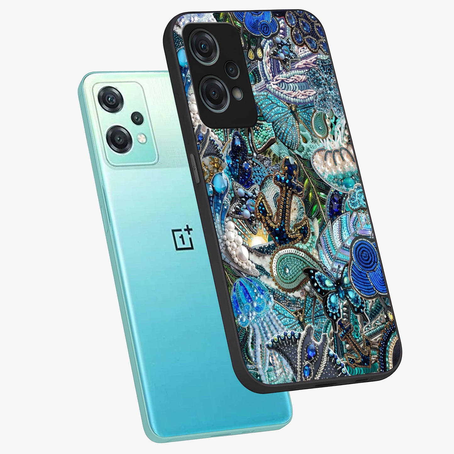 Crystal Ocean Magic Glass Case for 1+Nord Ce 2 Lite angled mockup showcasing glossy finish and flowing aqua tones
