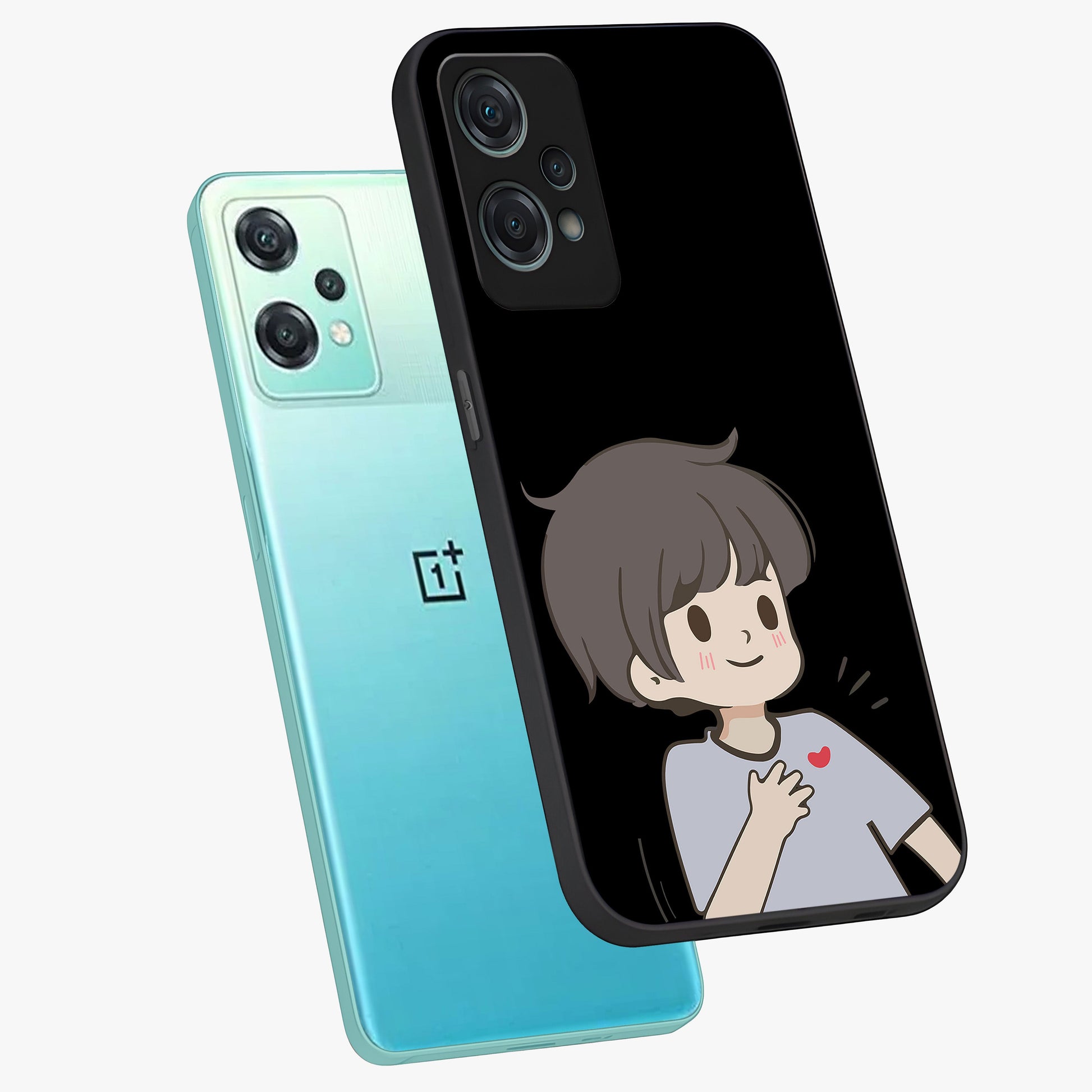 Cute Boy Heart Reaction Glass Case for 1+Nord Ce 2 Lite angled mockup showcasing glossy finish and vibrant pastel tones