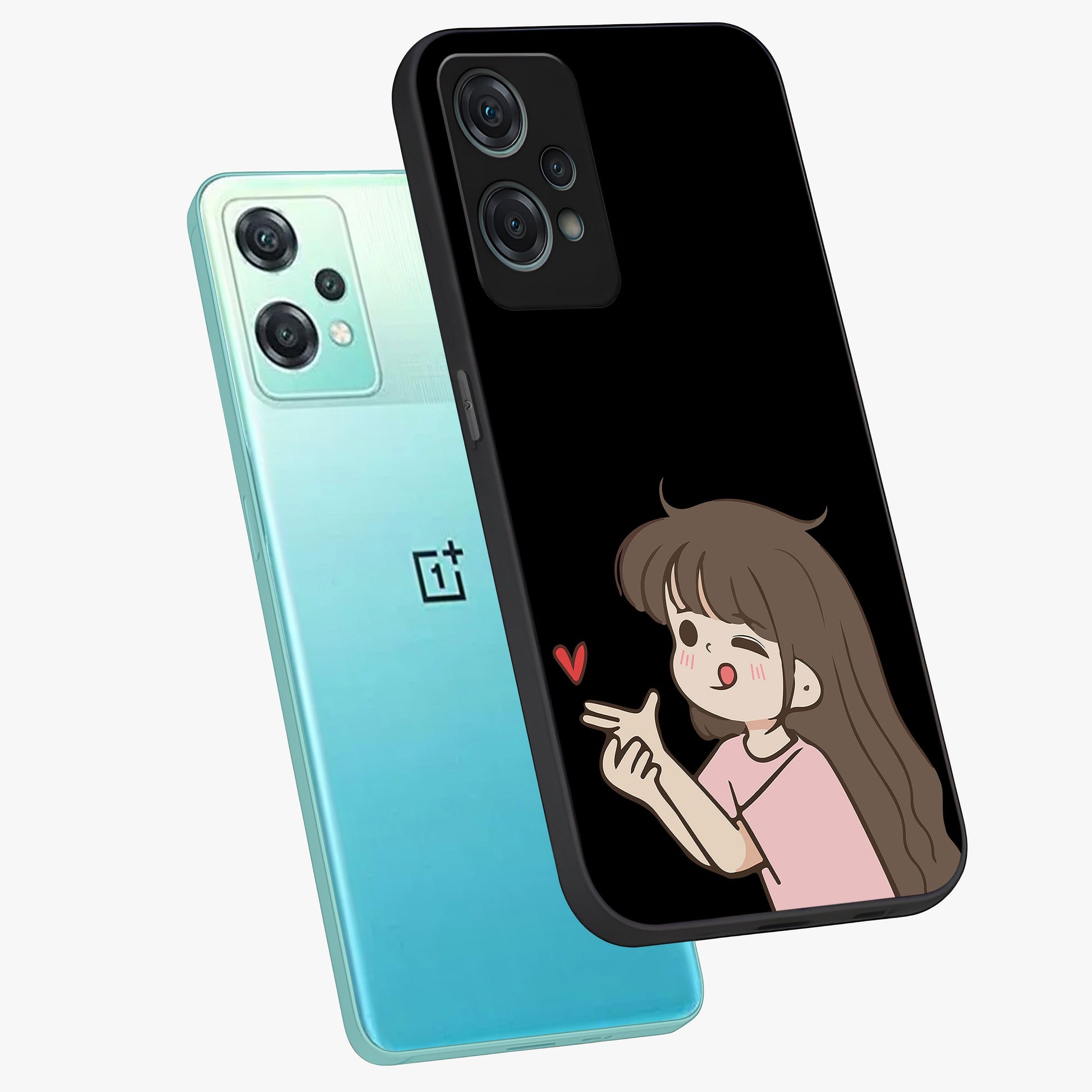 Cute Girl Firing Heart Glass Case for 1+Nord Ce 2 Lite angled mockup showcasing glossy finish and lively character detailing