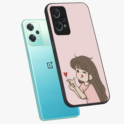 Cute Kiss Heart Glass Case for 1+Nord Ce 2 Lite angled mockup showcasing glossy finish and soft pastel tones