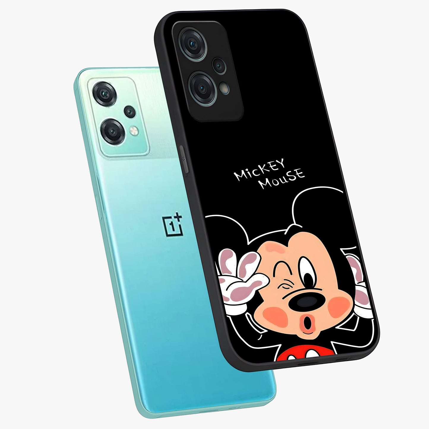 Cute Mickey Love Glass Case for 1+Nord Ce 2 Lite angled mockup showcasing glossy finish and vibrant character detailing