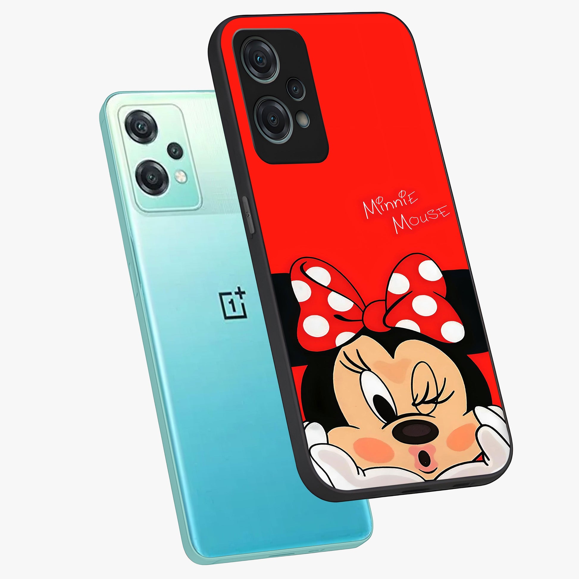 Cute Minnie Love Glass Case for 1+Nord Ce 2 Lite angled mockup showcasing glossy glass finish and vibrant character detailing