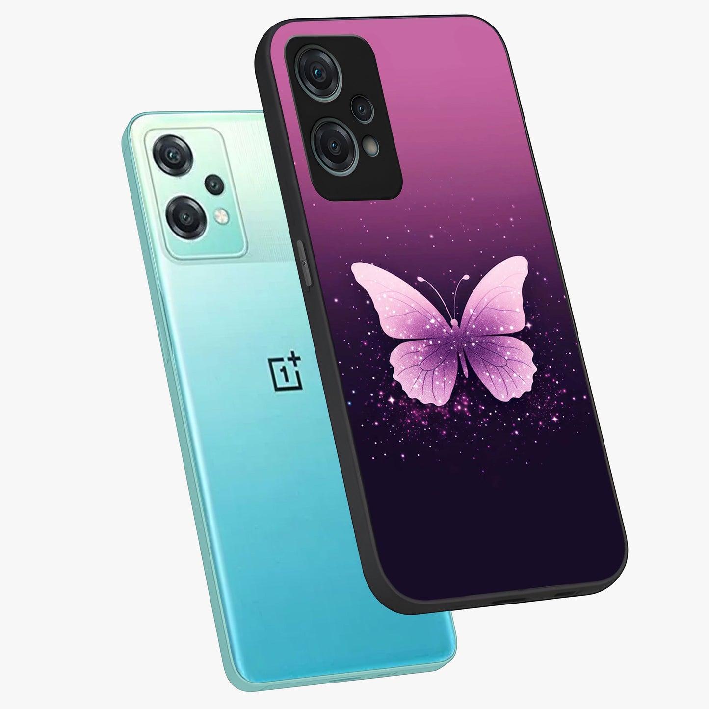 Cute Starry Butterfly Glass Case for 1+Nord Ce 2 Lite angled mockup showcasing glossy finish and celestial pastel tones