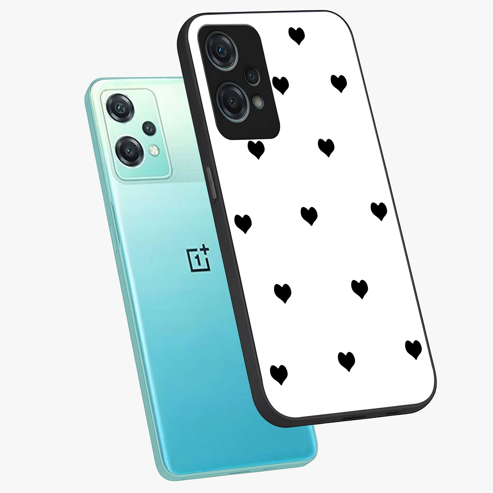 Cute Simple black Hearts Glass Case for 1+Nord Ce 2 Lite angled mockup showcasing glossy finish and bold shadow detailing