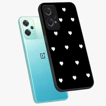 Cute Simple White Hearts Glass Case for 1+Nord Ce 2 Lite angled mockup showcasing glossy finish and bold shadow detailing