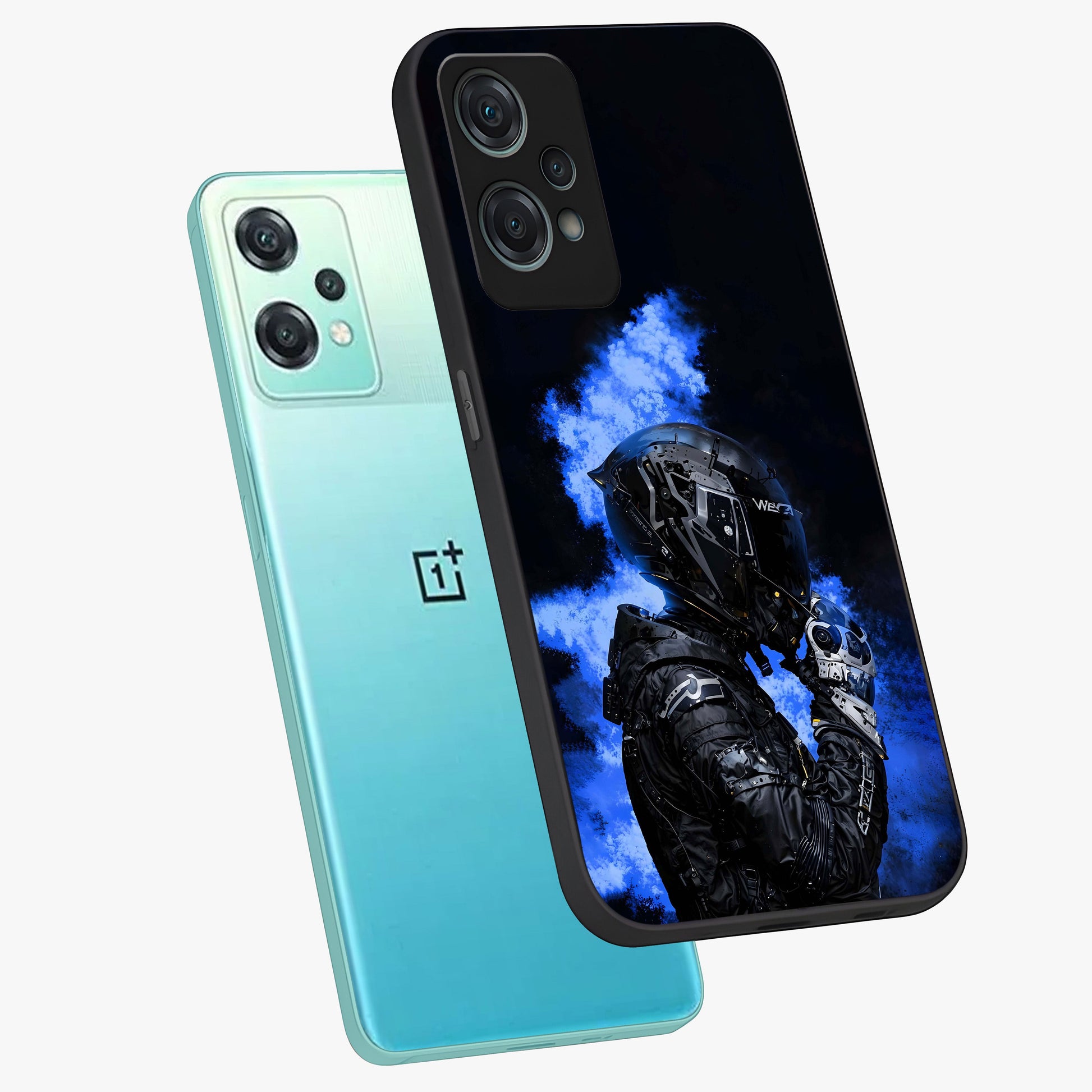 Cyber Sentinel Protocol Glass Case for 1+Nord Ce 2 Lite angled mockup showcasing glossy finish and high tech neon detailing