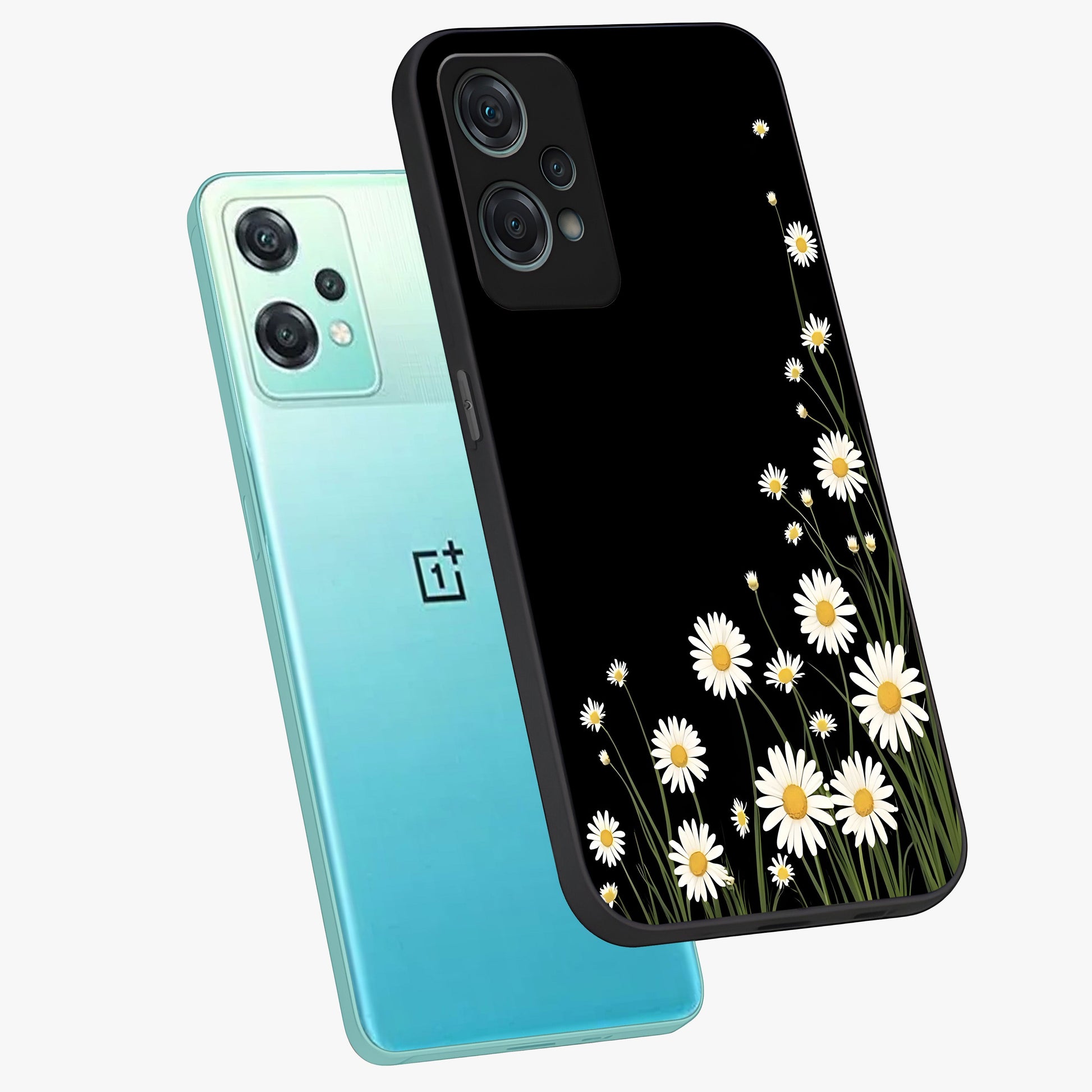 Daisy Cascade on Black Glass Case for 1+Nord Ce 2 Lite angled mockup showcasing glossy finish and bold floral contrast