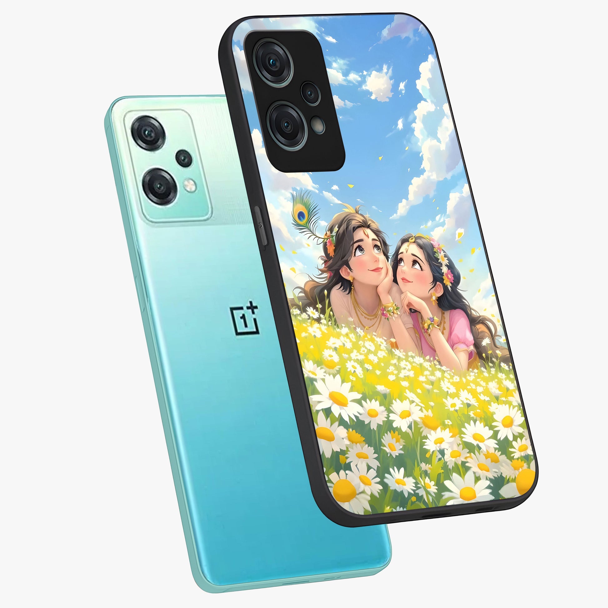 Daisy Daydream Love Glass Case for 1+Nord Ce 2 Lite angled mockup showcasing glossy finish and pastel bloom tones