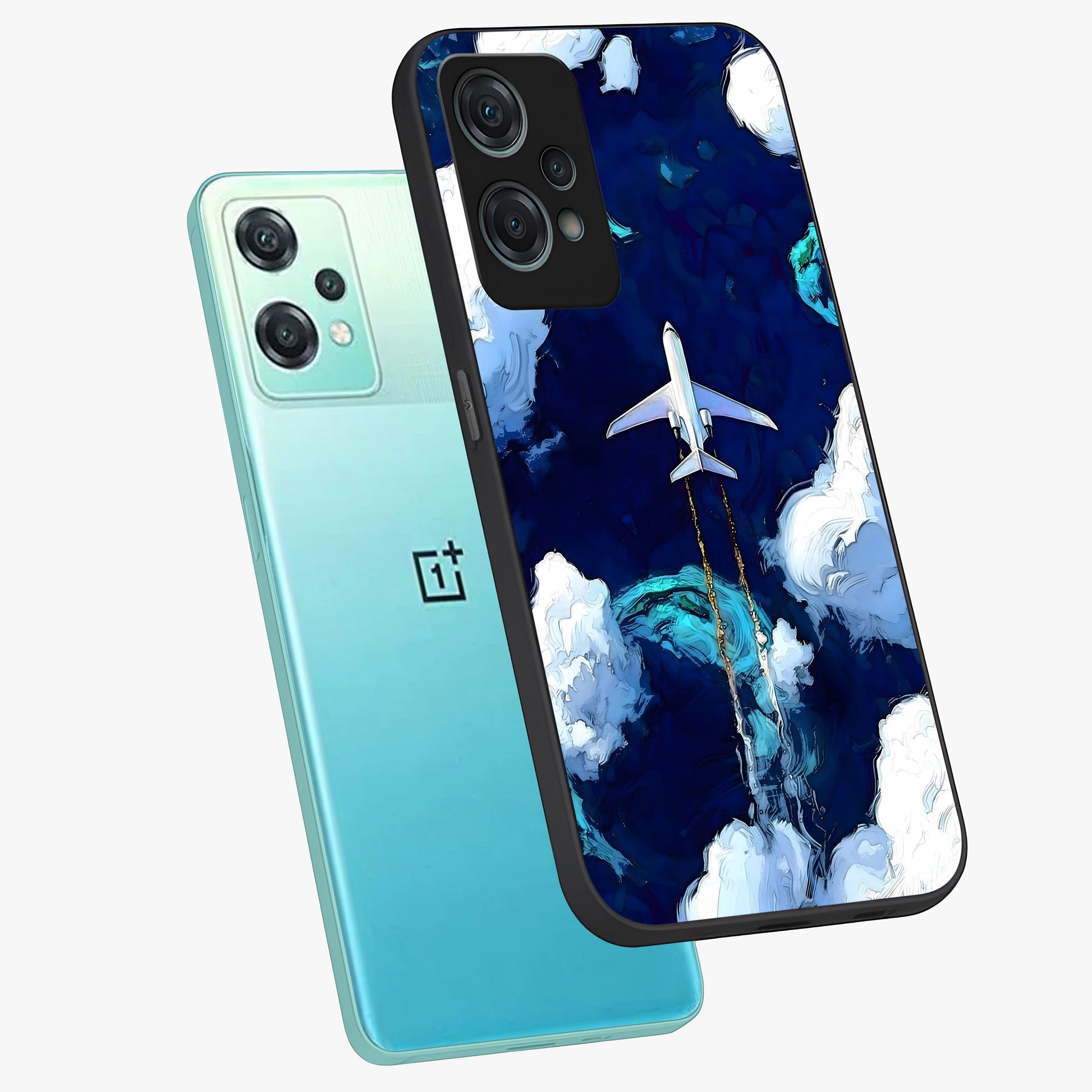 Dark Airplane Glass Case for 1+Nord Ce 2 Lite angled mockup showcasing glossy finish and dramatic sky tones