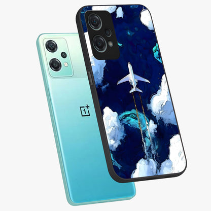 Dark Airplane Glass Case for 1+Nord Ce 2 Lite angled mockup showcasing glossy finish and dramatic sky tones