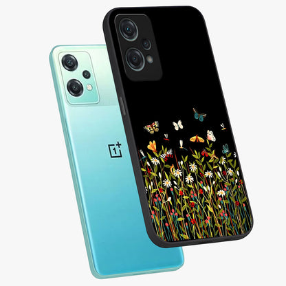 Dark Bloom Wonderland Custom Name Glass Case for 1+Nord Ce 2 Lite angled mockup showcasing glossy finish and rich bloom textures