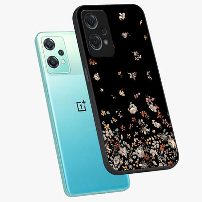 Dark Petal Aesthetic Glass Case for 1+Nord Ce 2 Lite angled mockup showcasing glossy finish and dramatic petal detailing