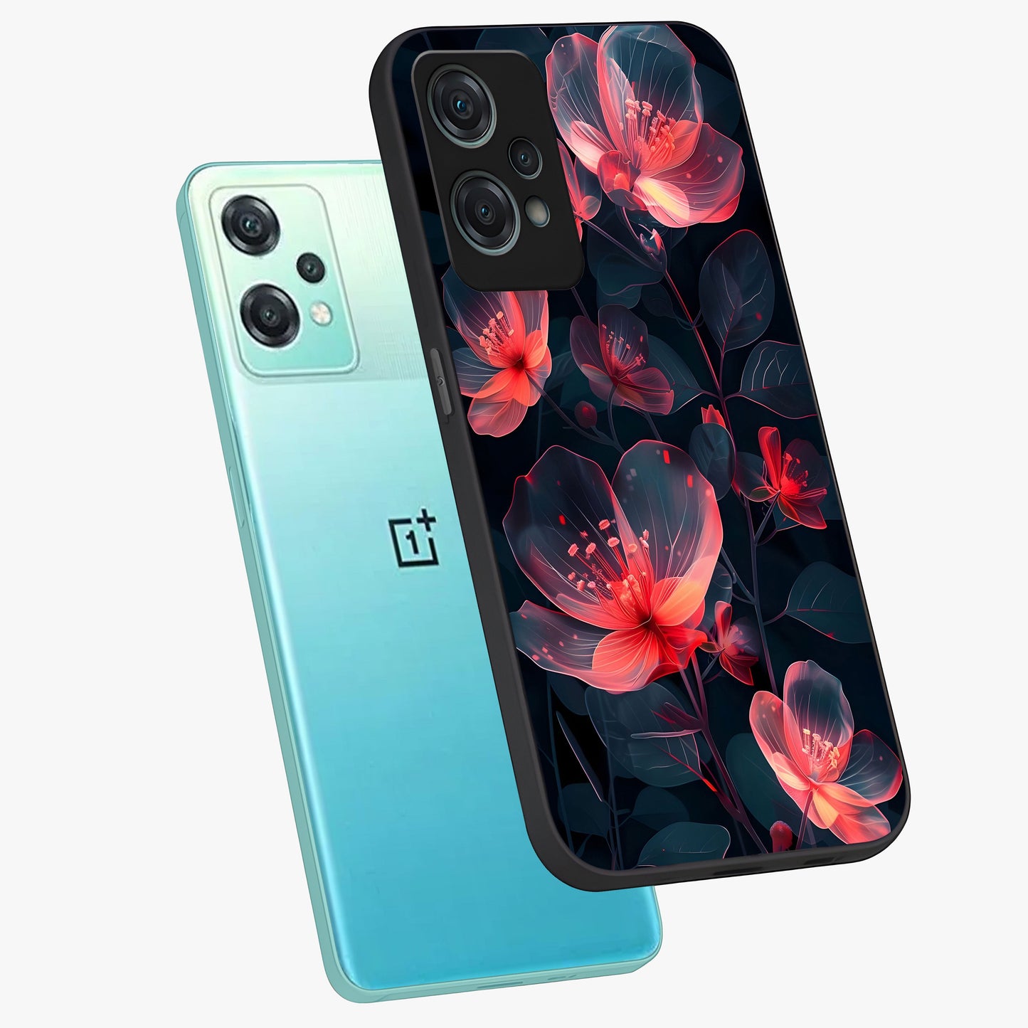 Dark Shade of Flower Glass Case for 1+Nord Ce 2 Lite angled mockup showcasing glossy finish and bold contrast detailing