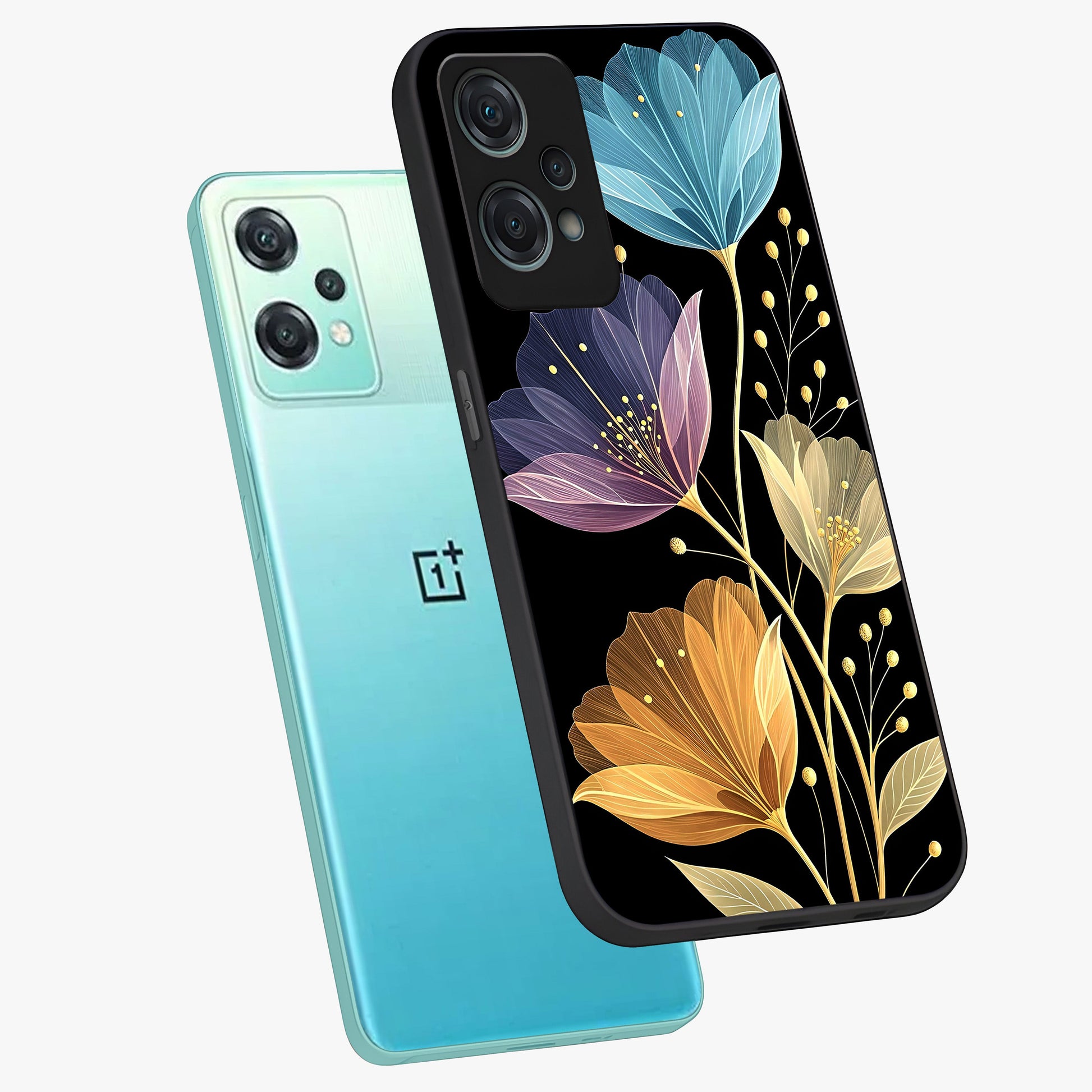 Delicate Multicolor Flowers Glass Case for 1+Nord Ce 2 Lite angled mockup showcasing glossy finish and pastel bloom detailing
