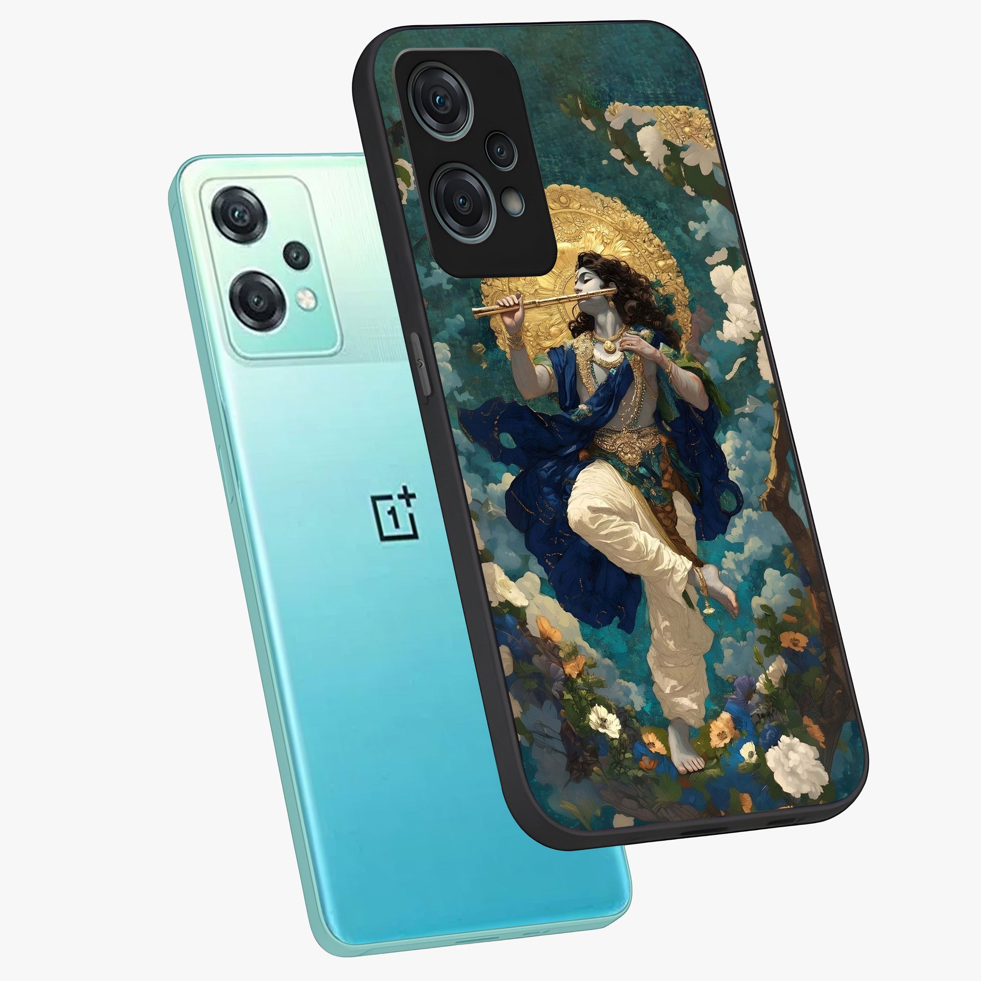 Divine Krishna Art Glass Case for 1+Nord Ce 2 Lite angled mockup showcasing glossy finish and vibrant spiritual tones