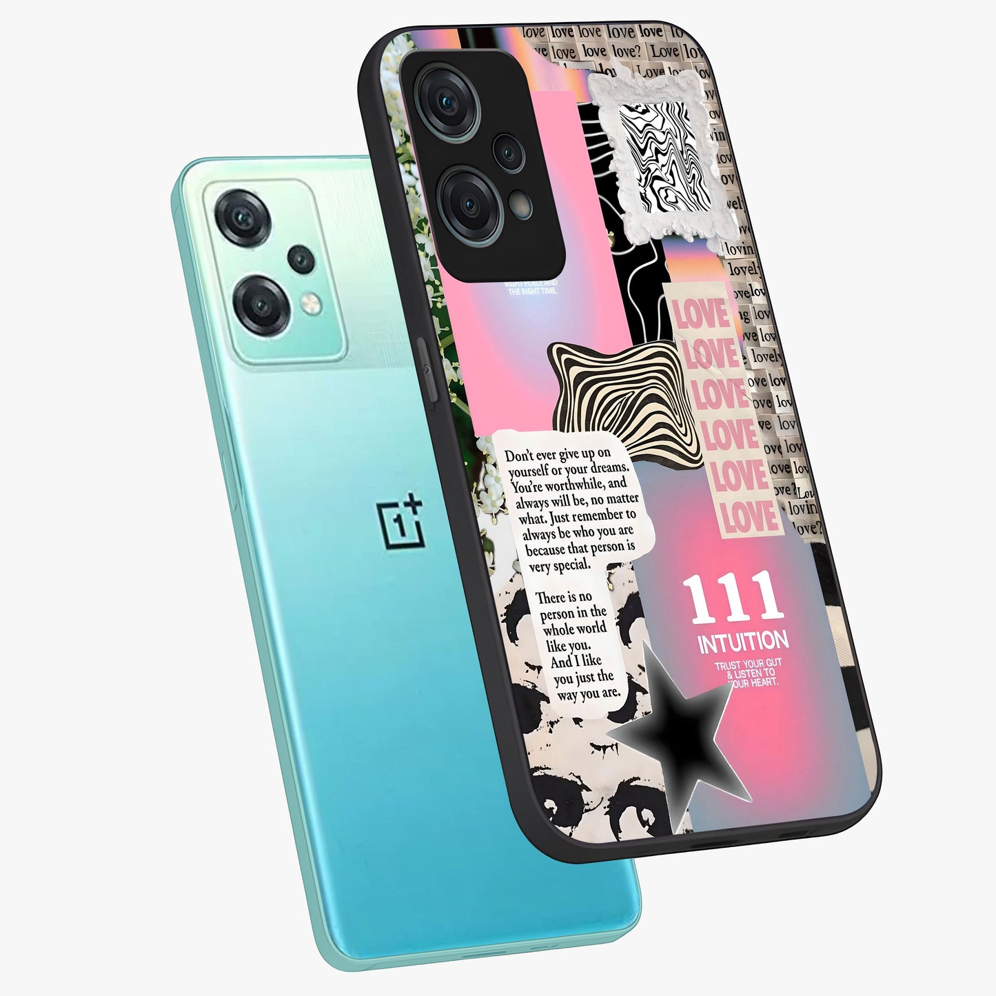 Divine Love Vibes Glass Case for 1+Nord Ce 2 Lite angled mockup showcasing glossy finish and warm aesthetic tones