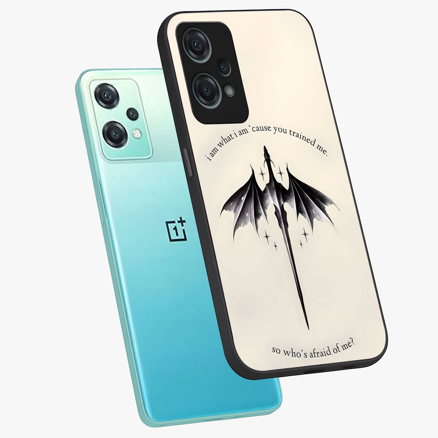 Dragon Quote Art Glass Case for 1+Nord Ce 2 Lite angled mockup showcasing glossy finish and powerful fantasy detailing