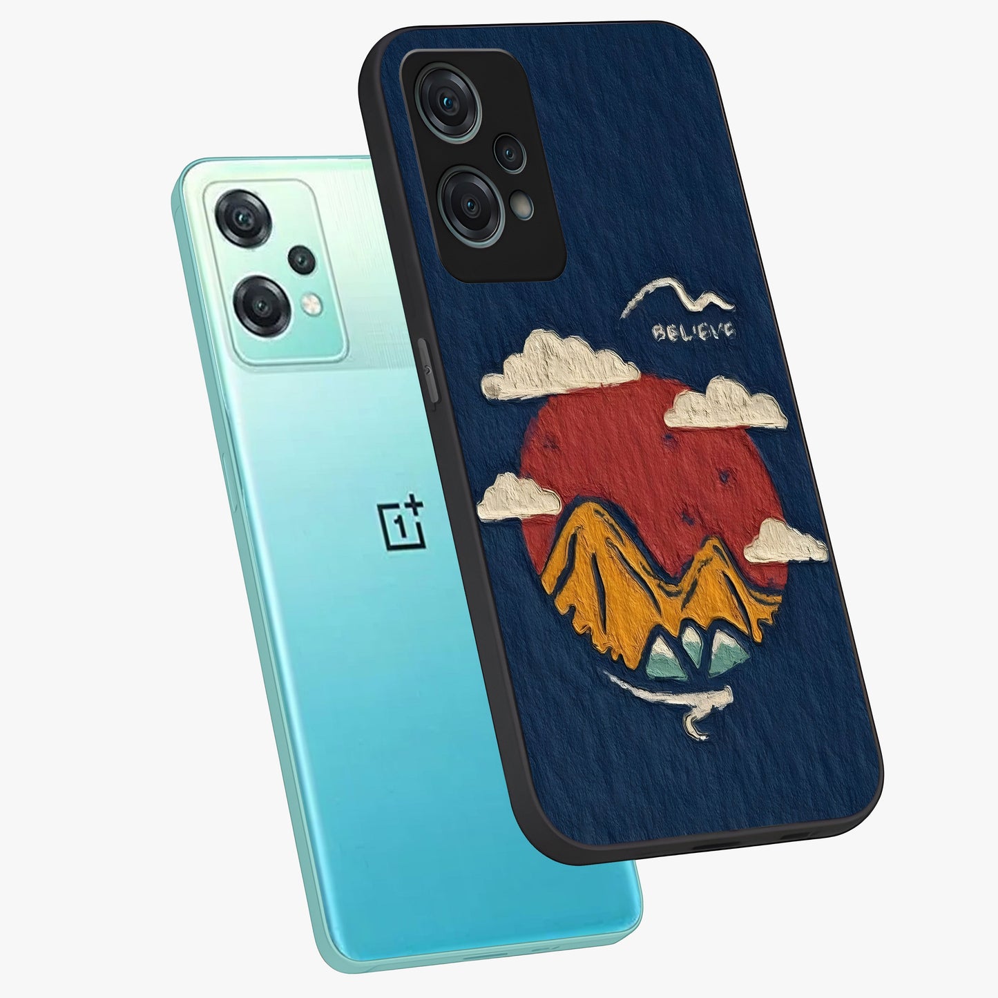 Dream Beyond Mountains Glass Case for 1+Nord Ce 2 Lite angled mockup showcasing glossy finish and calming gradient tones