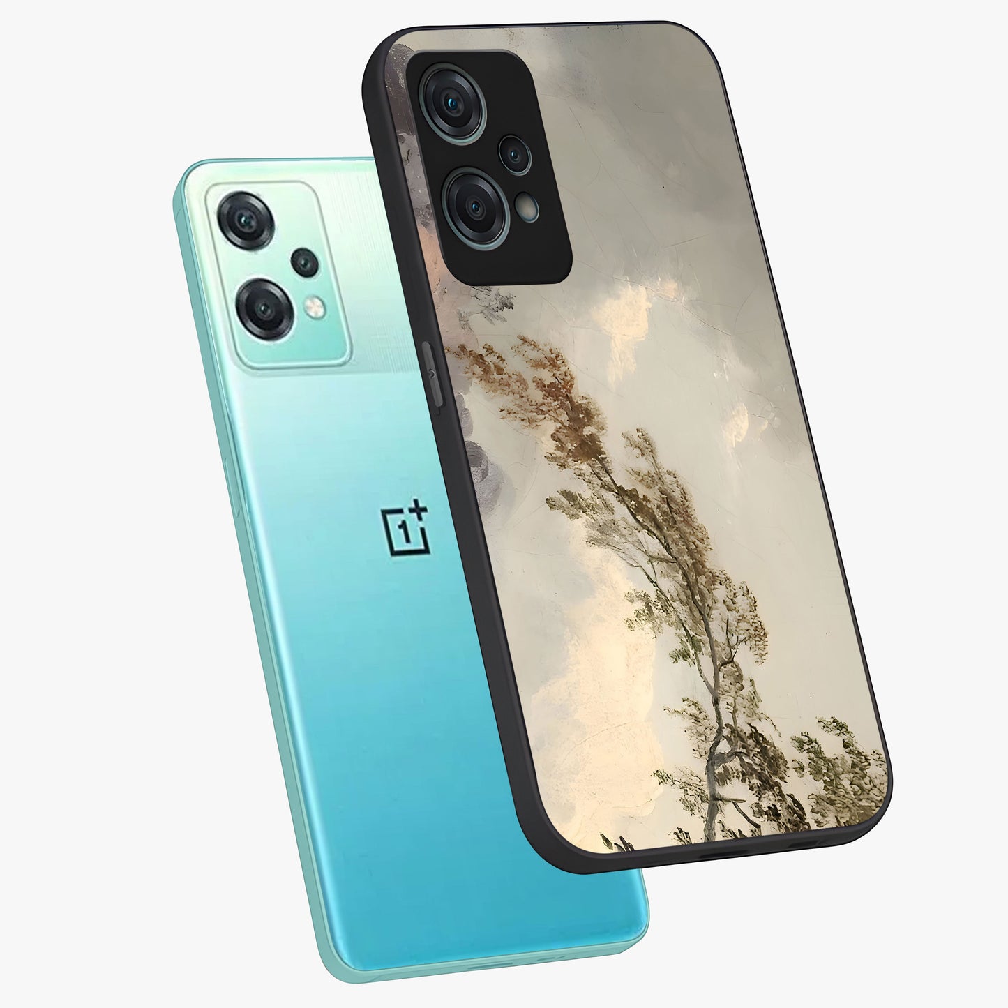 Dreamlike Wind Field Glass Case for 1+Nord Ce 2 Lite angled mockup showcasing glossy glass finish and dreamy landscape detailing