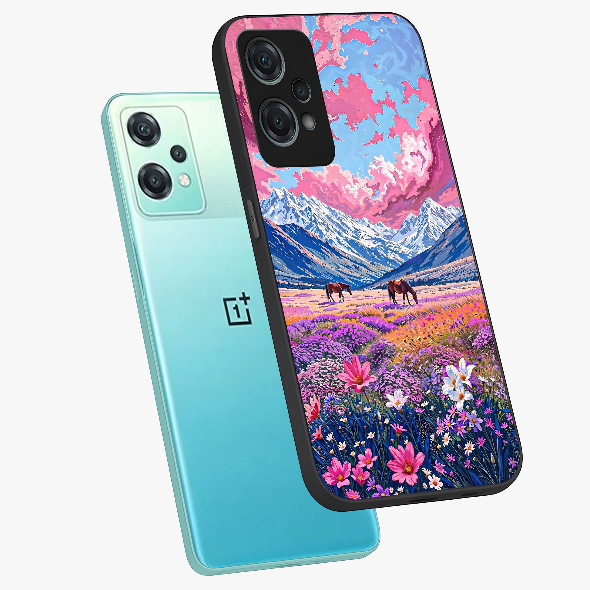 Dreamy Floral Pastures Glass Case for 1+Nord Ce 2 Lite angled mockup showcasing glossy finish and gentle bloom textures