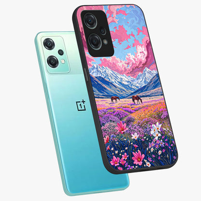 Dreamy Floral Pastures Glass Case for 1+Nord Ce 2 Lite angled mockup showcasing glossy finish and gentle bloom textures