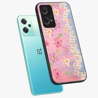 Dreamy Painted Garden Glass Case for 1+Nord Ce 2 Lite angled mockup showcasing glossy finish and vibrant brushstroke textures