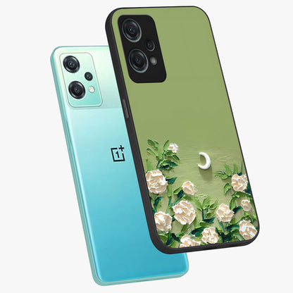 Emerald Bloom Calm Glass Case for 1+Nord Ce 2 Lite angled mockup showcasing glossy finish and rich green tones