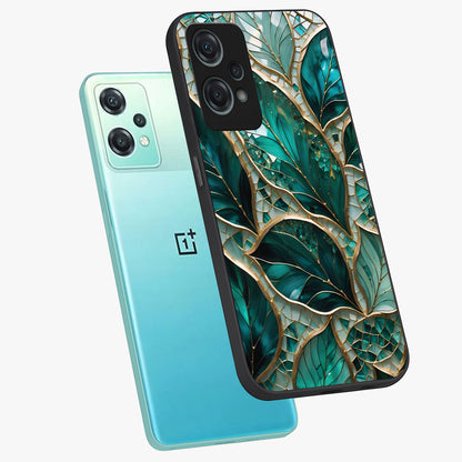 Emerald Leaf Glass Case for 1+Nord Ce 2 Lite angled mockup showcasing glossy finish and natural botanical tones