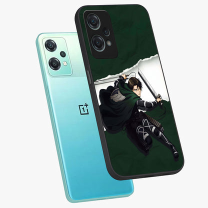 Emerald War Vanguard Glass Case for 1+Nord Ce 2 Lite angled mockup showcasing glossy finish and bold fantasy detailing